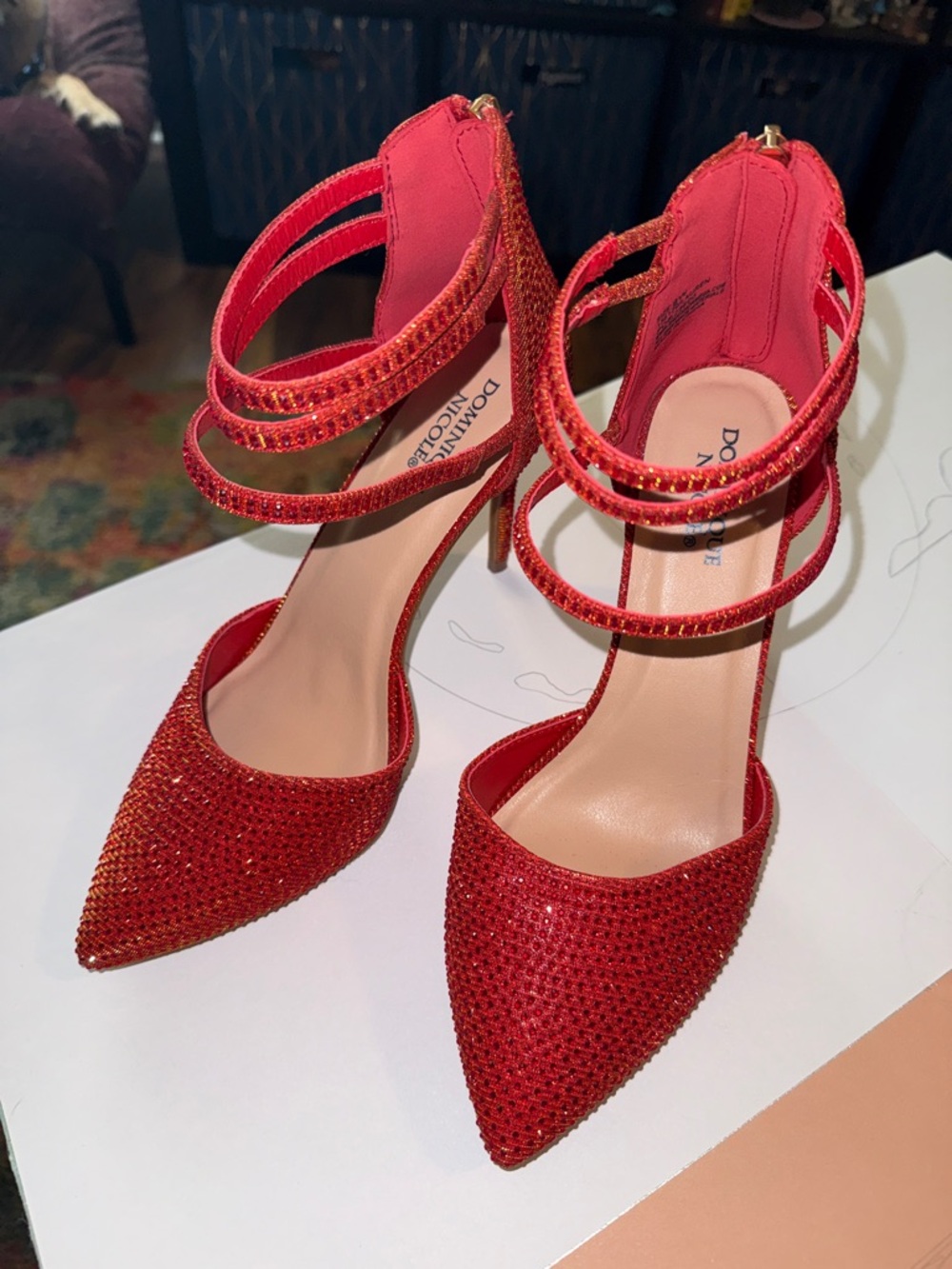 Dominique Nicole Red Crystal Strappy Sparkle Pointed-Toe High Heels Size 9 Wide
